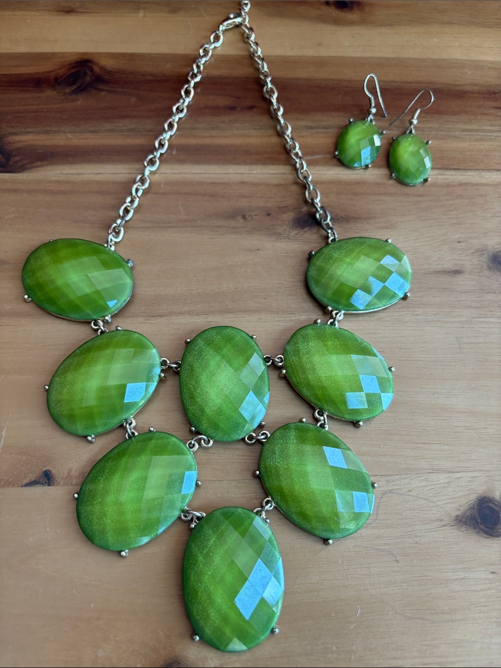 Source Unknown Green Faceted Statement Bib Necklace with Matching Earrings